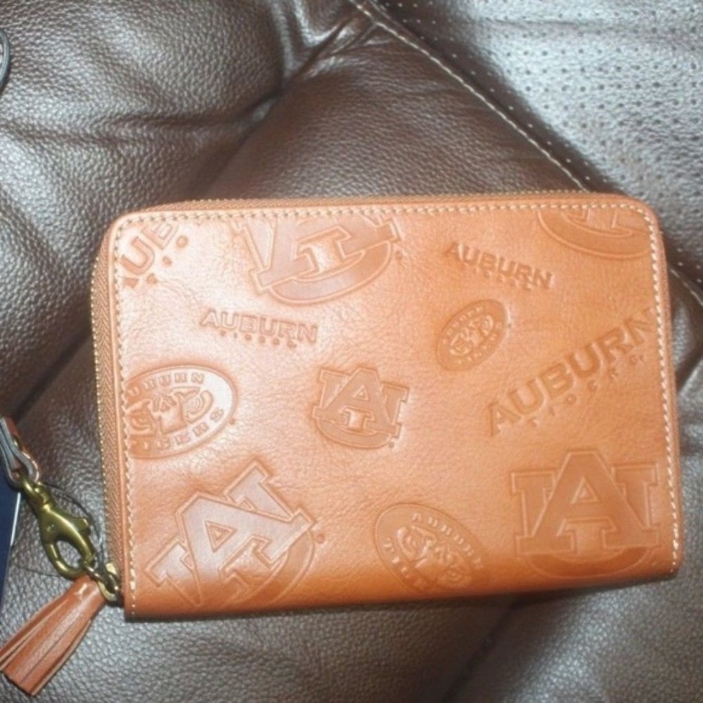 JML Jack Mason Tan Leather Embossed Auburn Tigers wristlet tassel zip close New…